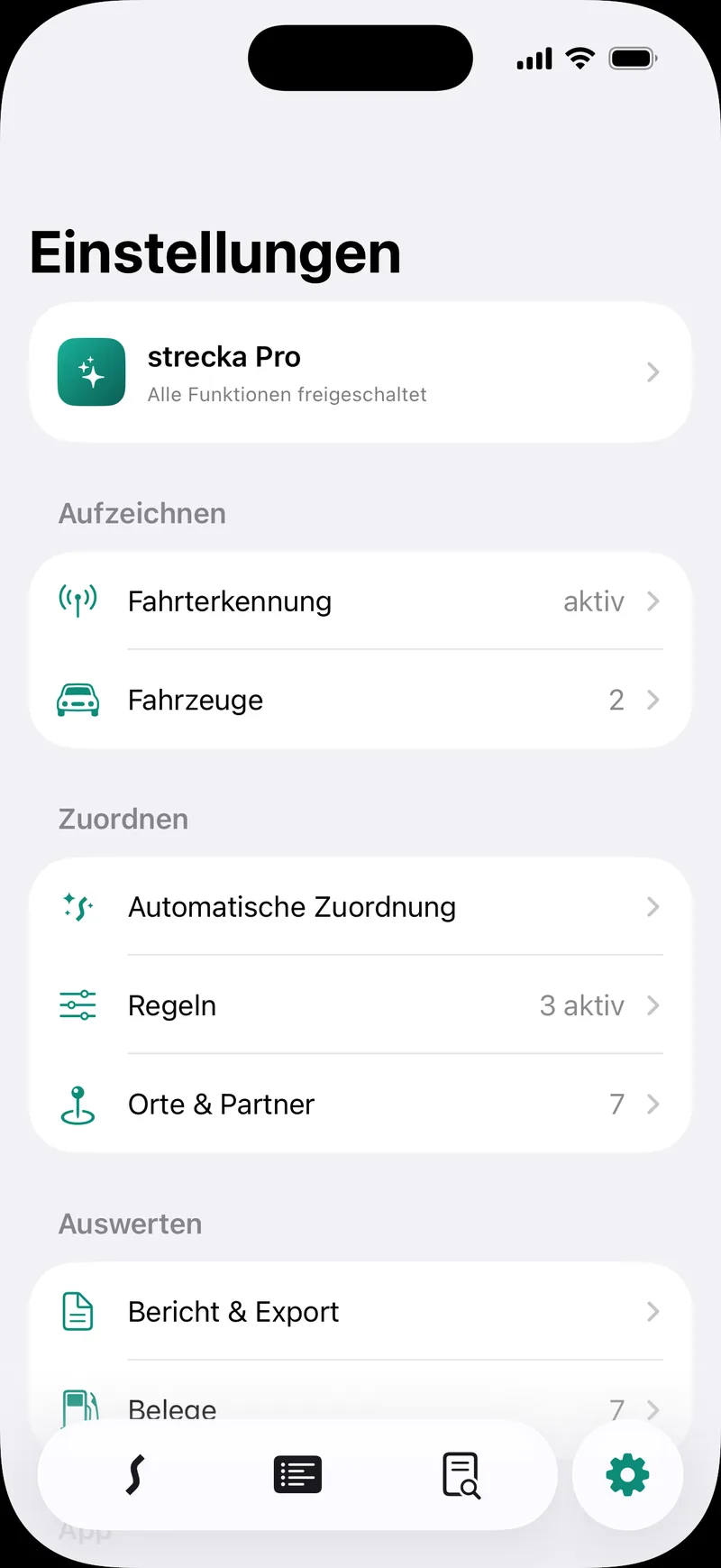 Einstellungen: Fahrterkennung, Fahrzeuge, automatische Zuordnung, Regeln, Orte und Partner, Bericht und Belege.